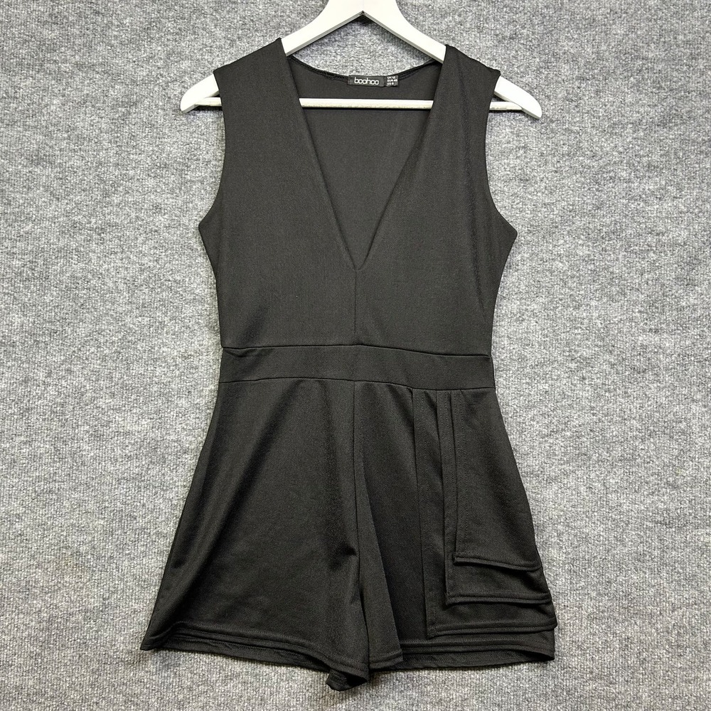 Boohoo Plunge V-Neck Romper Women's Black Pleated Side Overlay Clubwear - 8